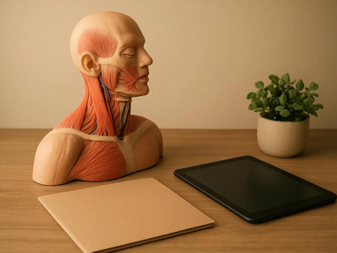 An anatomical bust sits on a wooden desk beside a tablet, a folder, and a small potted plant