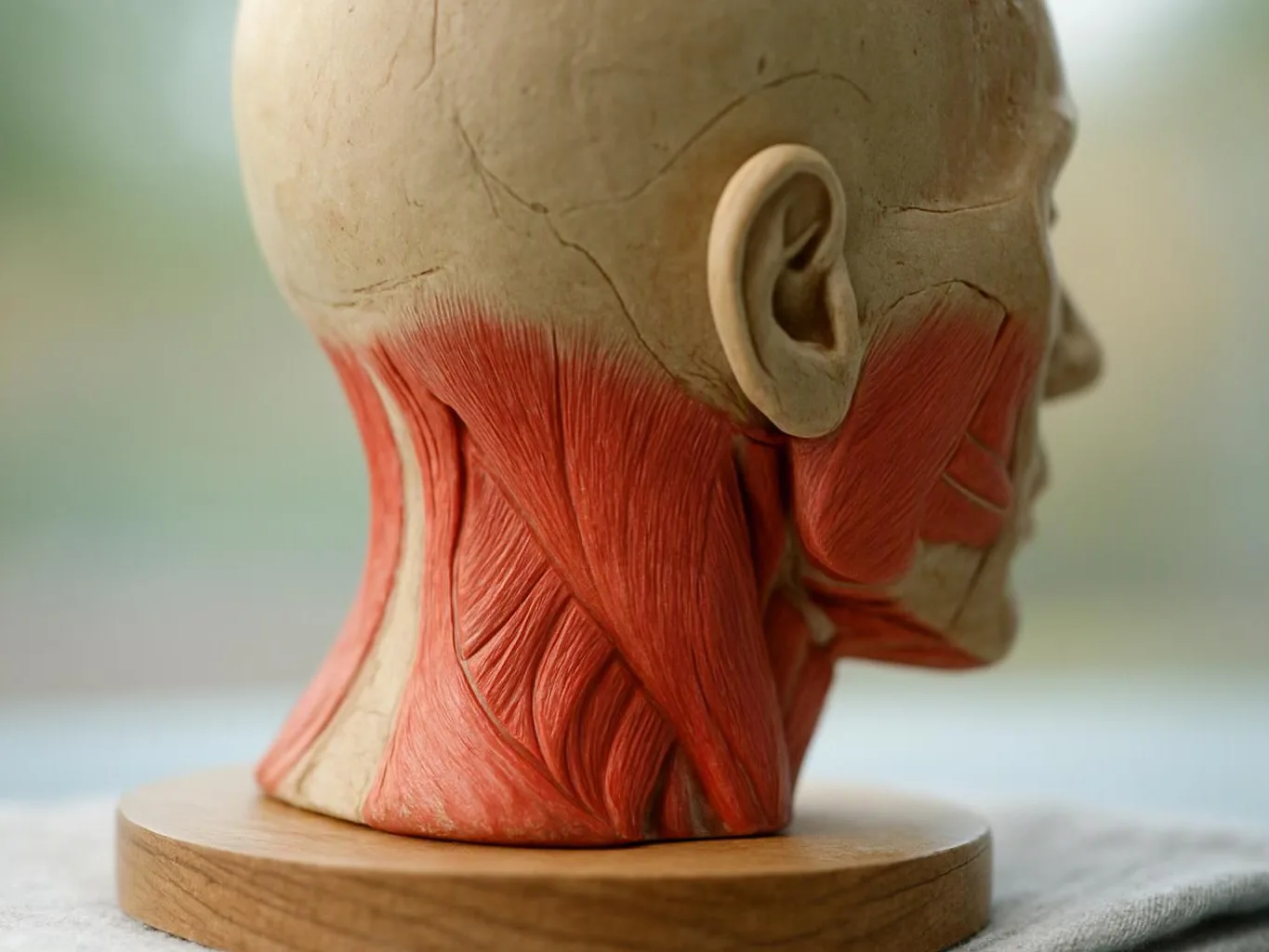 An anatomical head model shows red neck muscles on a wooden base against a soft background