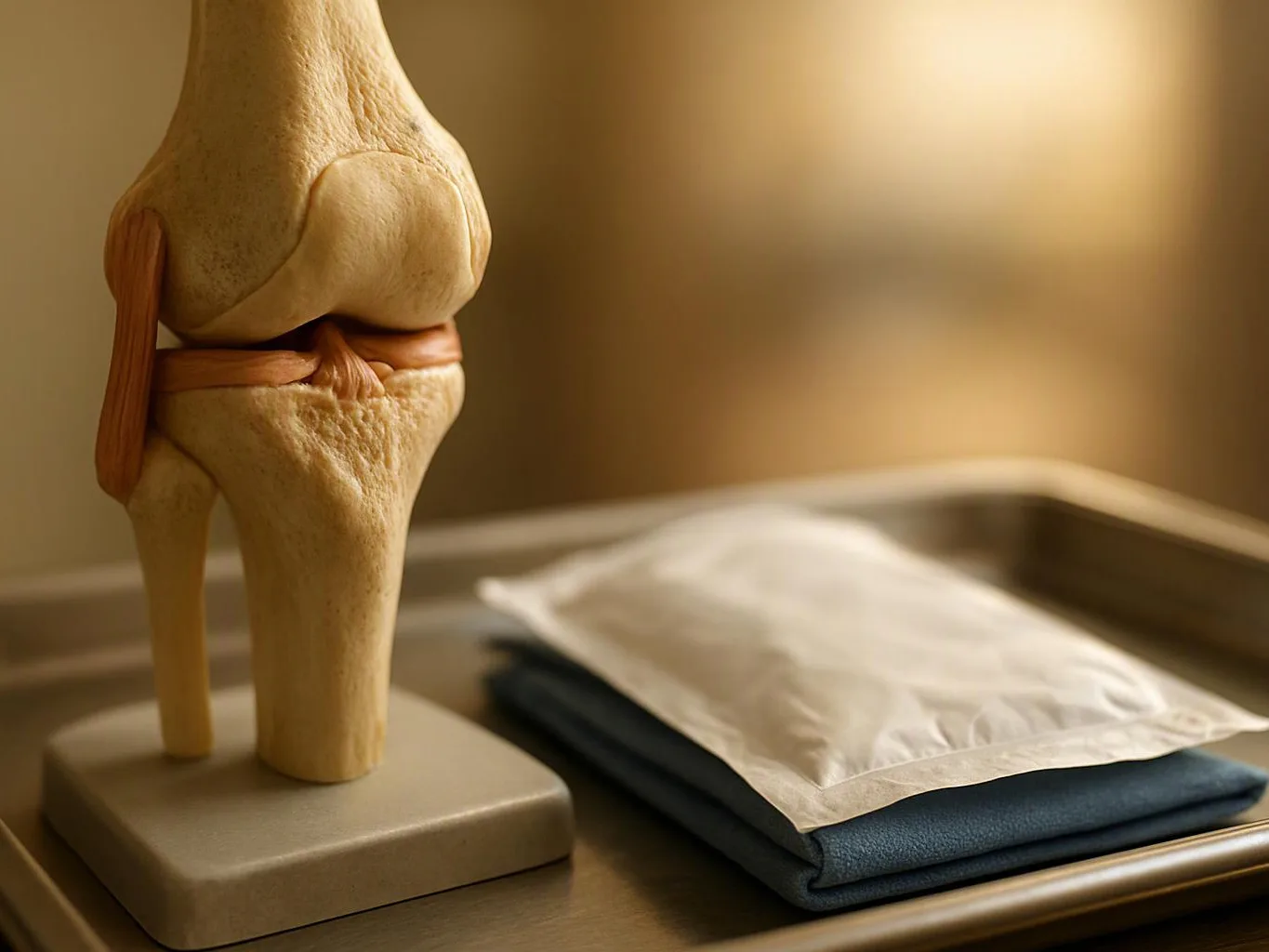 An anatomical knee joint model stands beside a folded white and blue pad on a metal tray