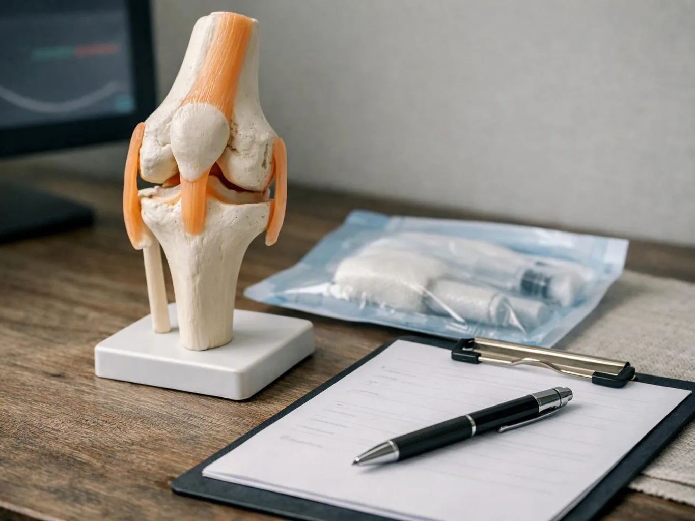 An anatomical knee model sits beside a clipboard, pen, and sealed medical supplies on a desk