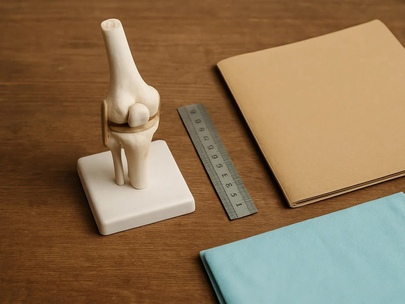 An anatomical knee model sits beside a ruler and folded papers on a wooden desk