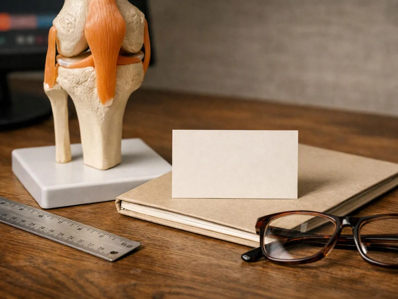 An anatomical knee model sits on a desk beside a blank card, notebook, ruler, and eyeglasses