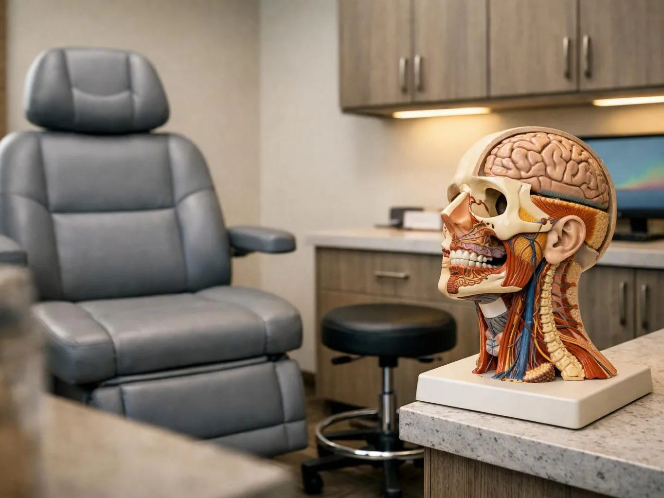 An anatomy model of a human head sits on a counter in a medical exam room with an exam chair behind it