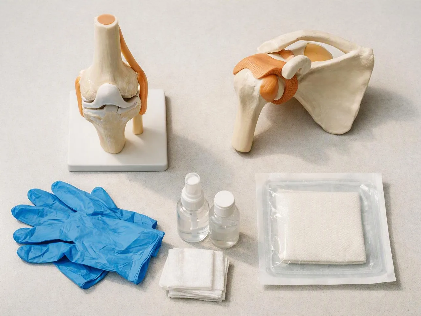 An anatomy model of a shoulder and knee sits beside blue gloves, small bottles, gauze pads, and a sealed medical pouch