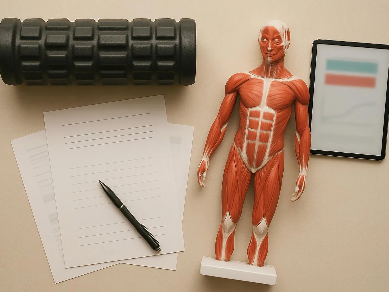 An anatomy model stands beside blank papers, a pen, a foam roller, and a tablet on a beige desk