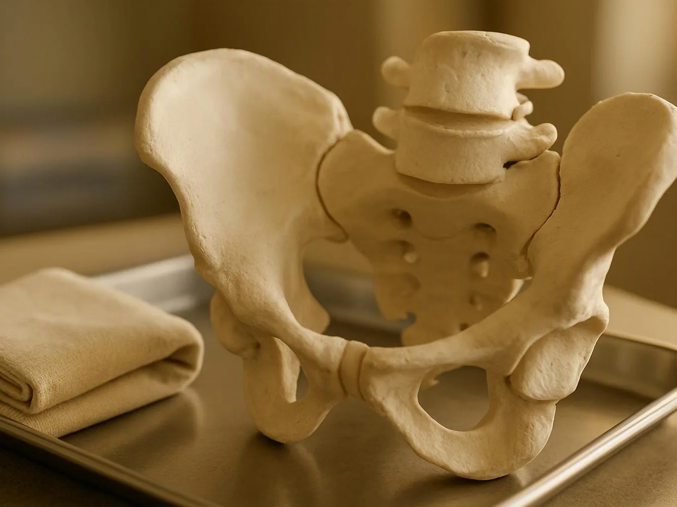 A beige anatomical pelvis model sits on a metal tray beside a folded cloth