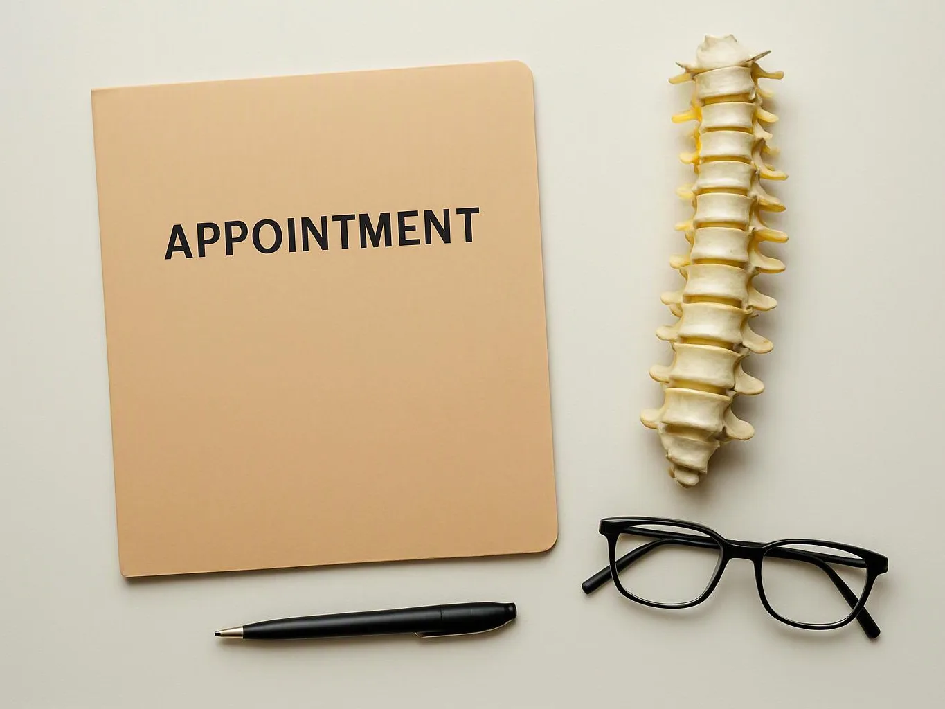 A beige appointment folder sits beside a spine model, eyeglasses, and a pen on a white surface