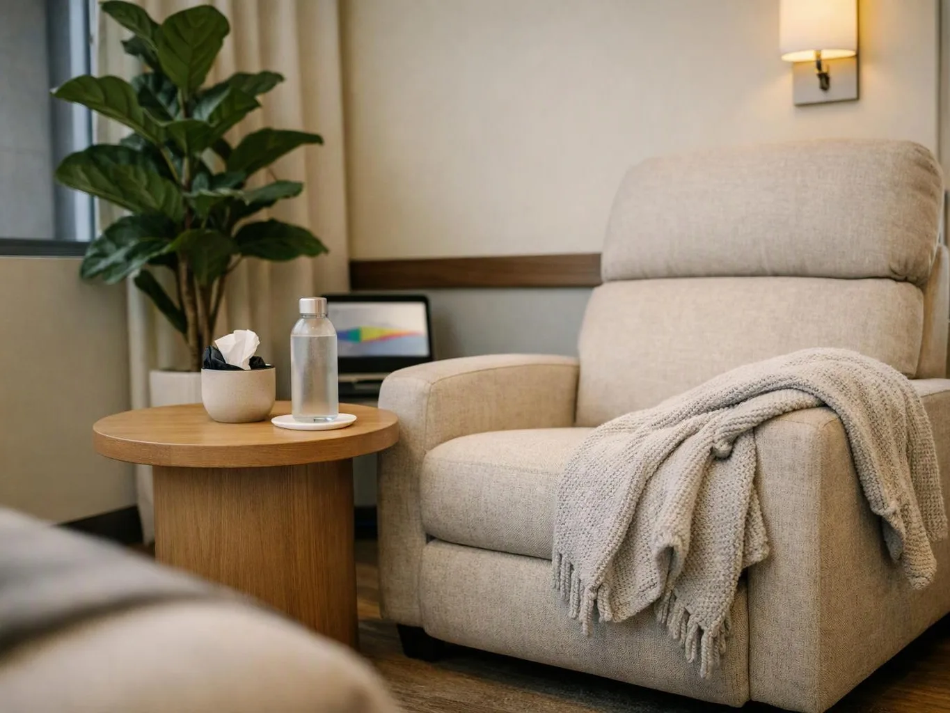 A beige armchair with a draped blanket sits beside a round table with tissues and a water bottle in a cozy room