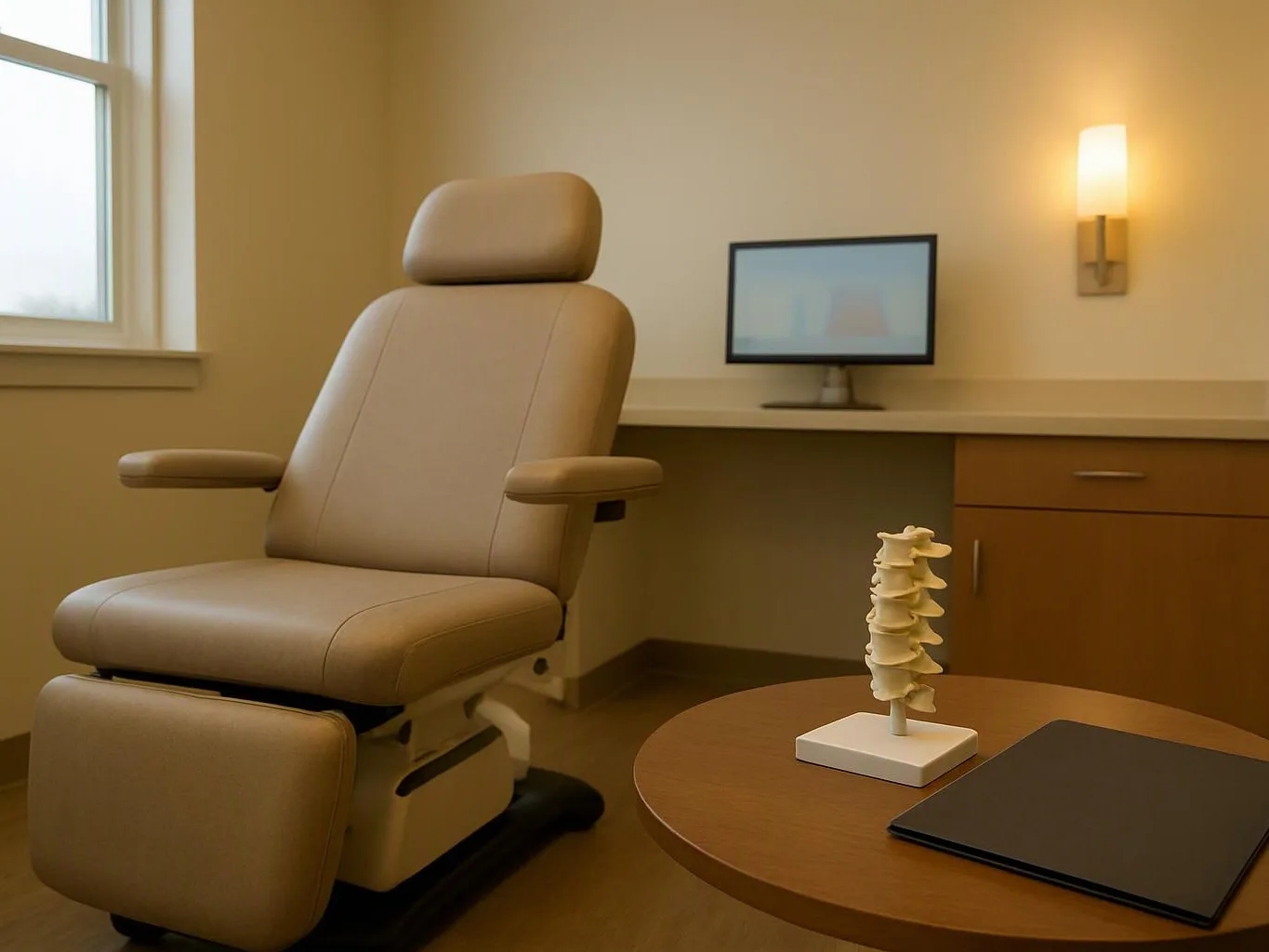 A beige exam chair sits beside a desk with a monitor, lamp, model spine, and closed laptop
