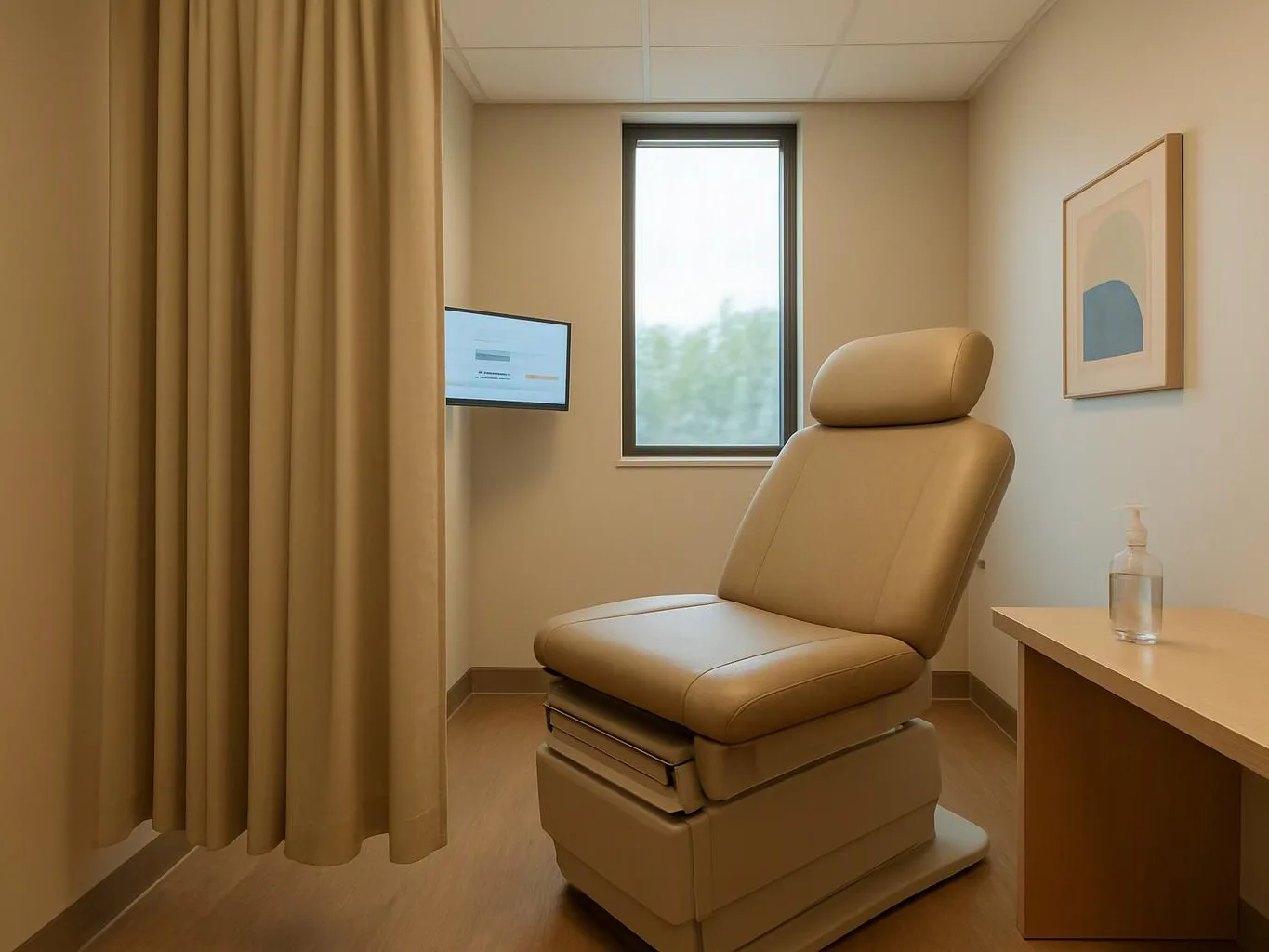 A beige exam chair sits in a clean room beside a curtain, window, wall screen, table, and sanitizer bottle
