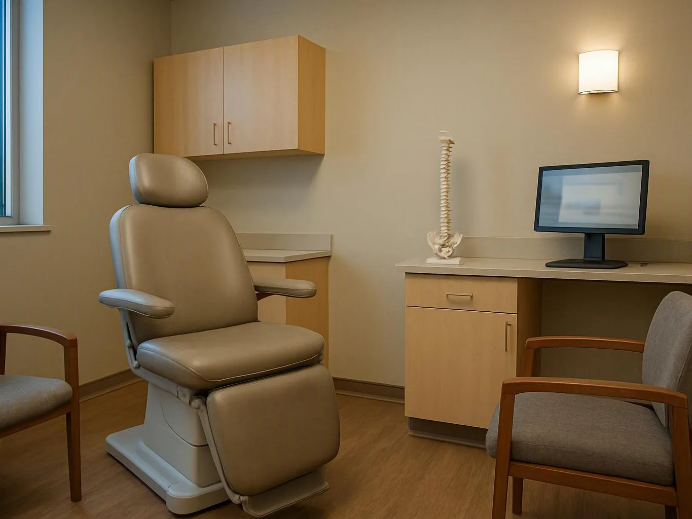 A beige exam chair sits in a small medical room beside a desk, monitor, cabinets, and chairs