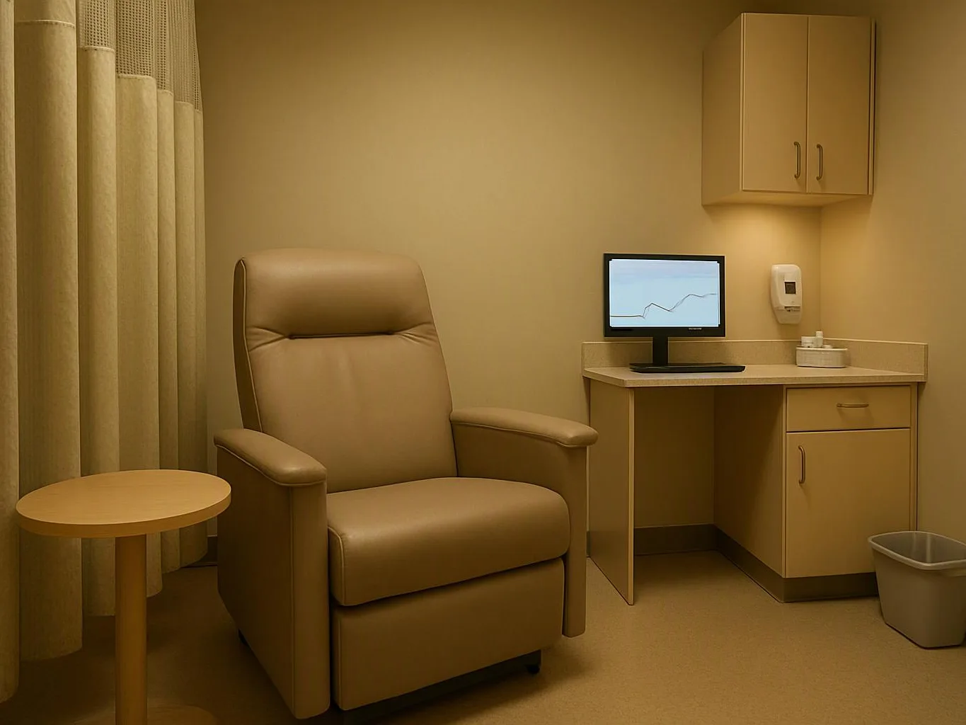 A beige exam room has a recliner, small table, desk with monitor, cabinet, and waste bin