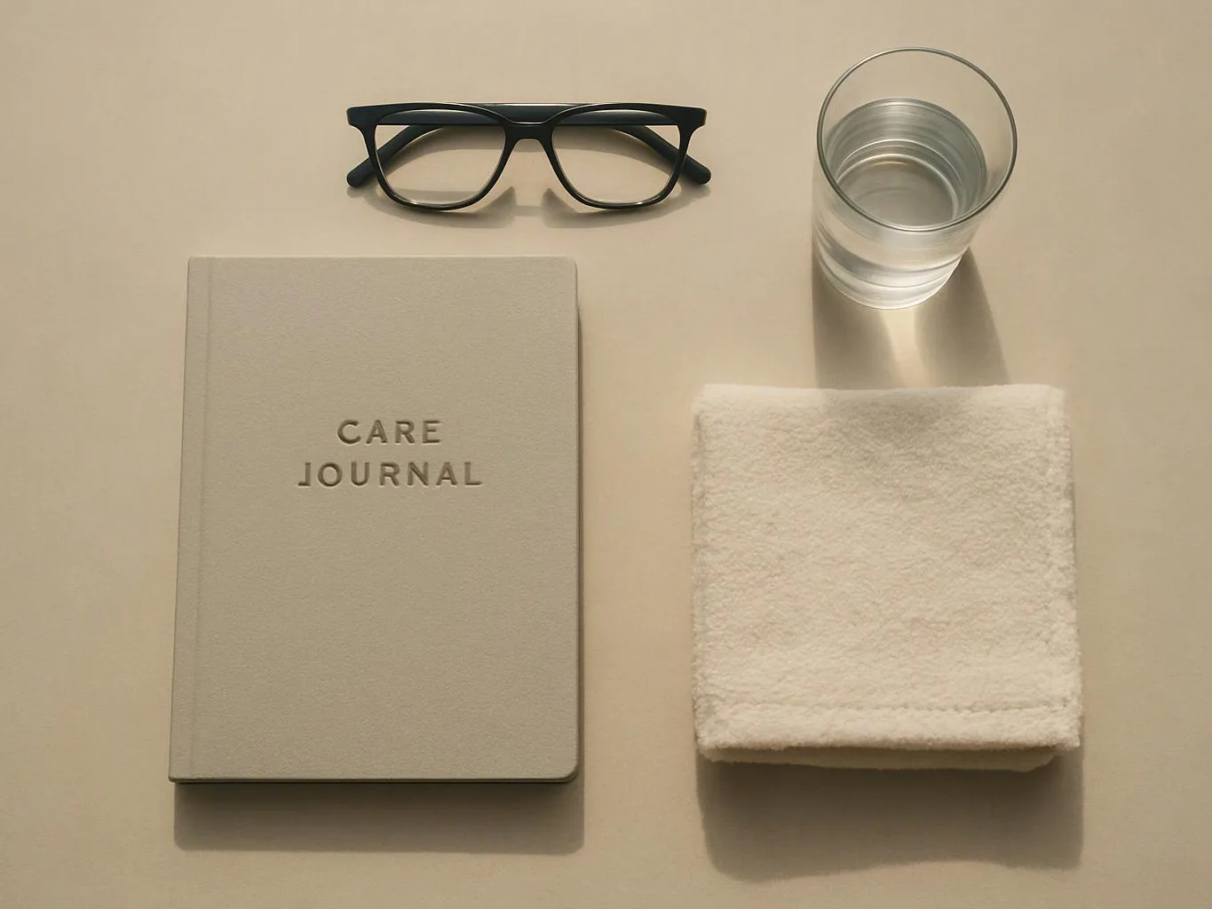A beige journal, black glasses, a glass of water, and a folded white towel sit neatly on a light surface