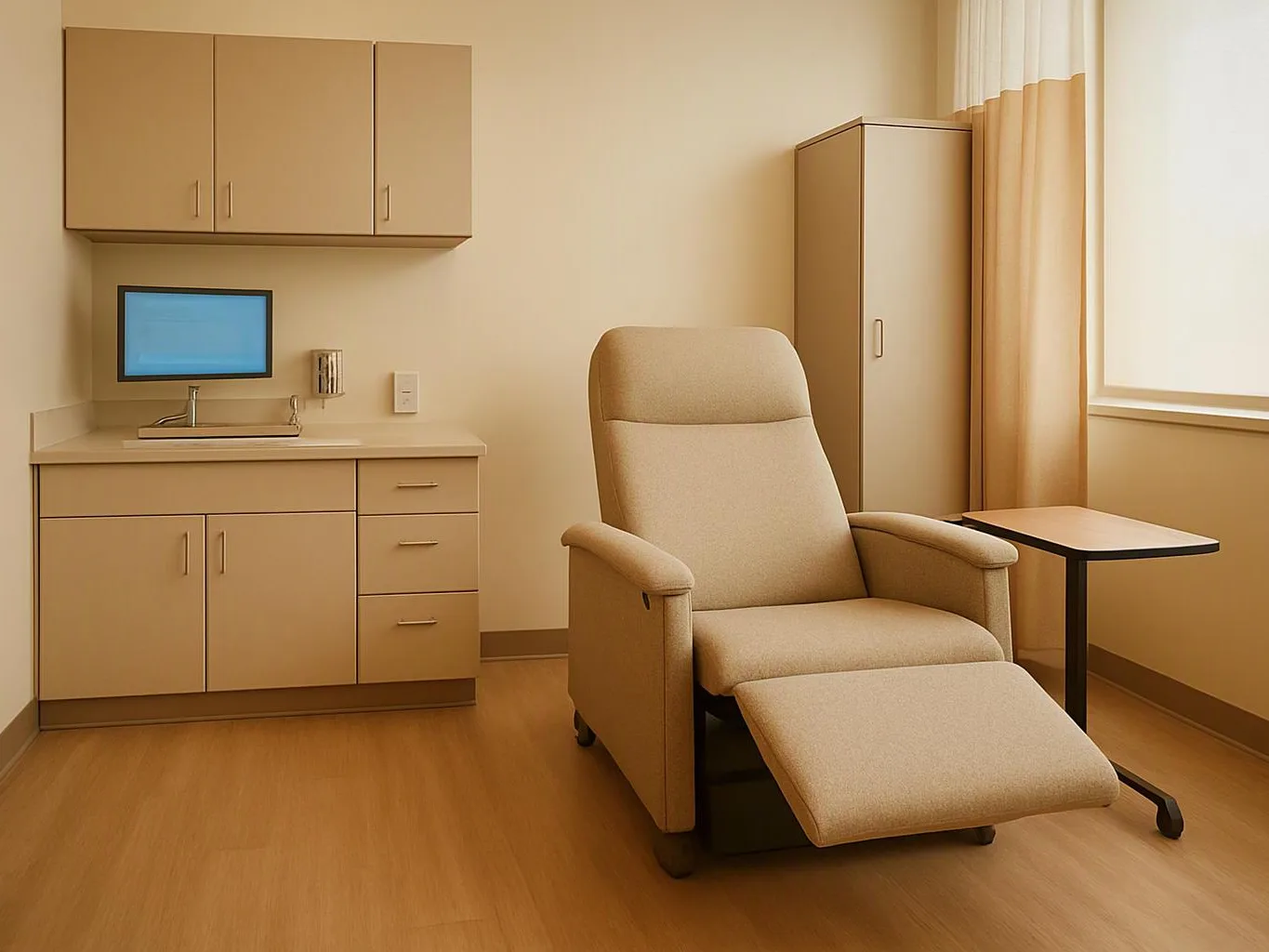 A beige medical exam room with a recliner chair, cabinets, a computer monitor, and a curtained window