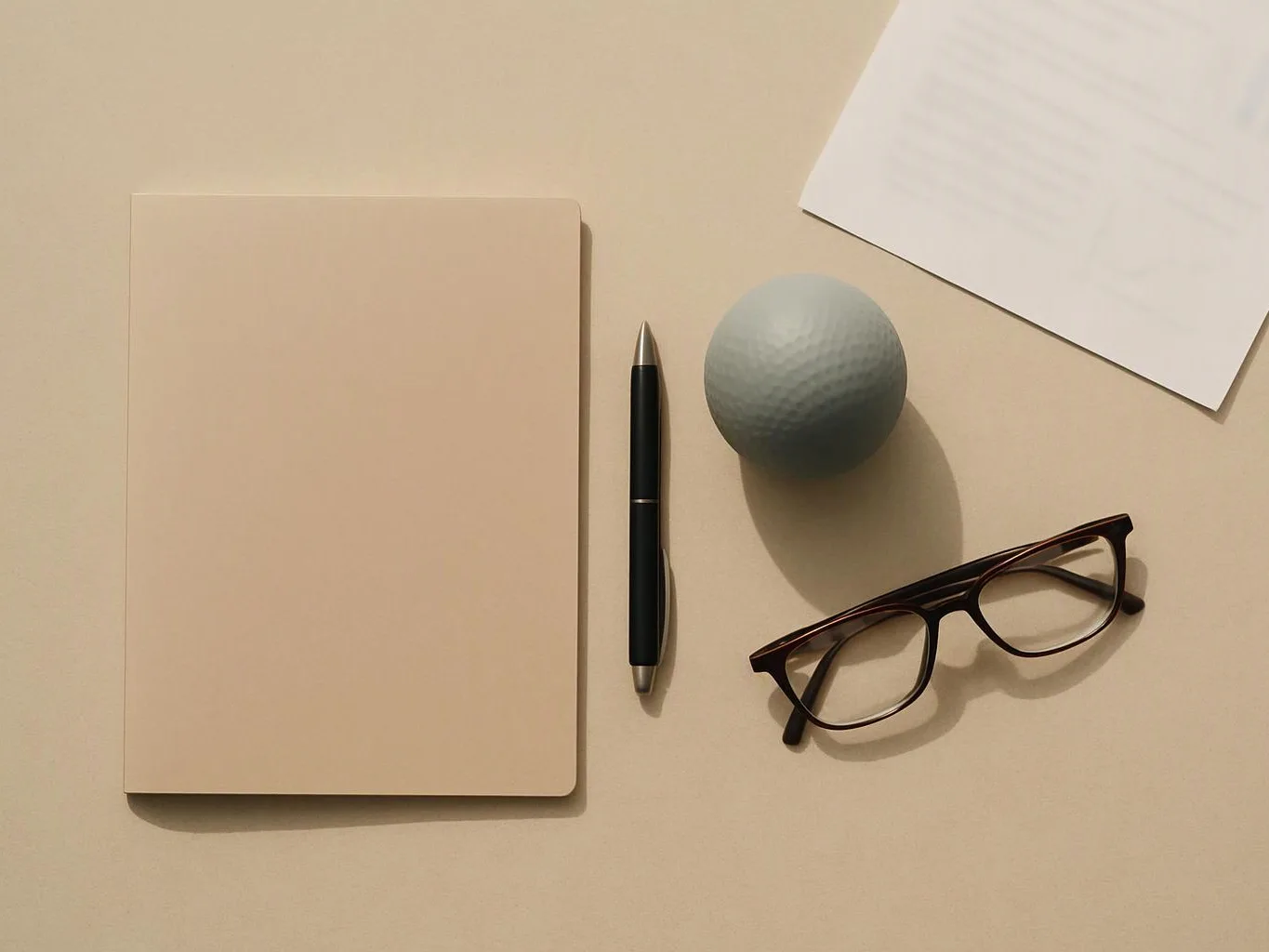 A beige notebook, black pen, gray golf ball, and eyeglasses rest on a tan desk beside white paper