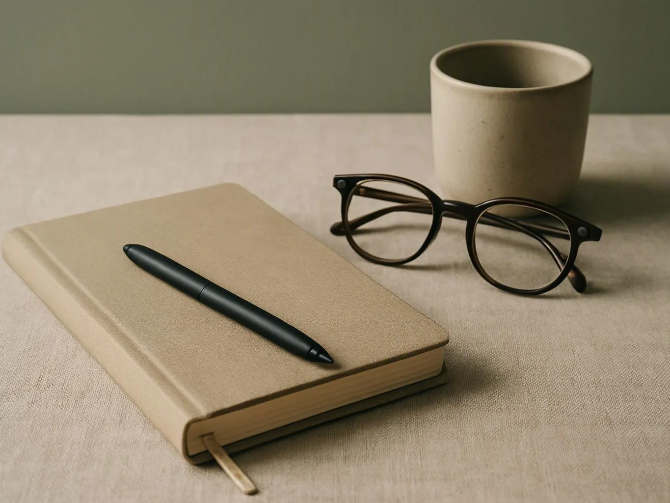 A beige notebook with a black pen, round eyeglasses, and a ceramic cup sit on a neutral tabletop