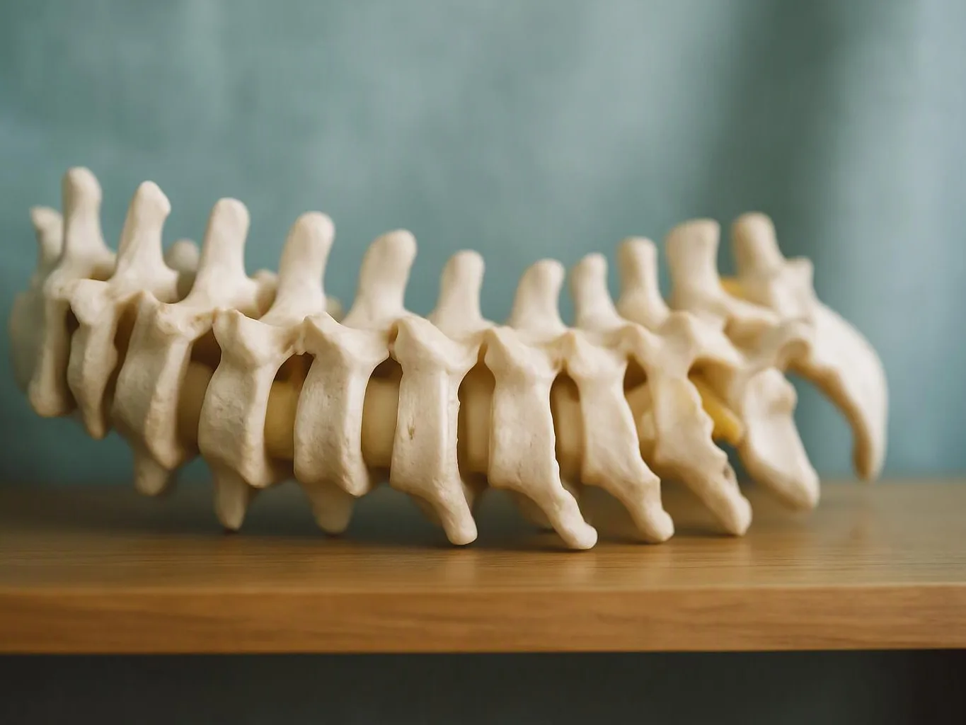 A beige spine model rests on a wooden shelf against a blurred blue background