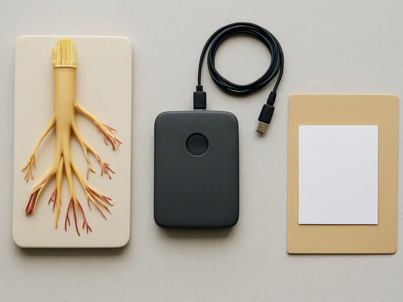 A black external drive with cable sits between a root-like object on a white board and a blank card on beige backing