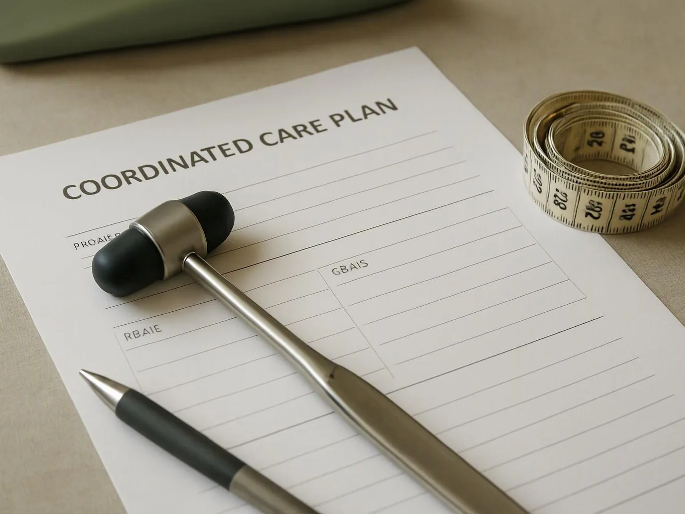 A blank care plan form lies beside a reflex hammer, a pen, and a coiled measuring tape on a desk