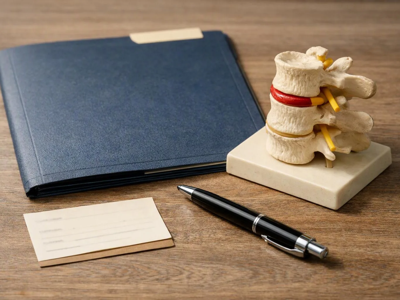 A blue folder, black pen, blank card, and spine model sit on a wooden desk
