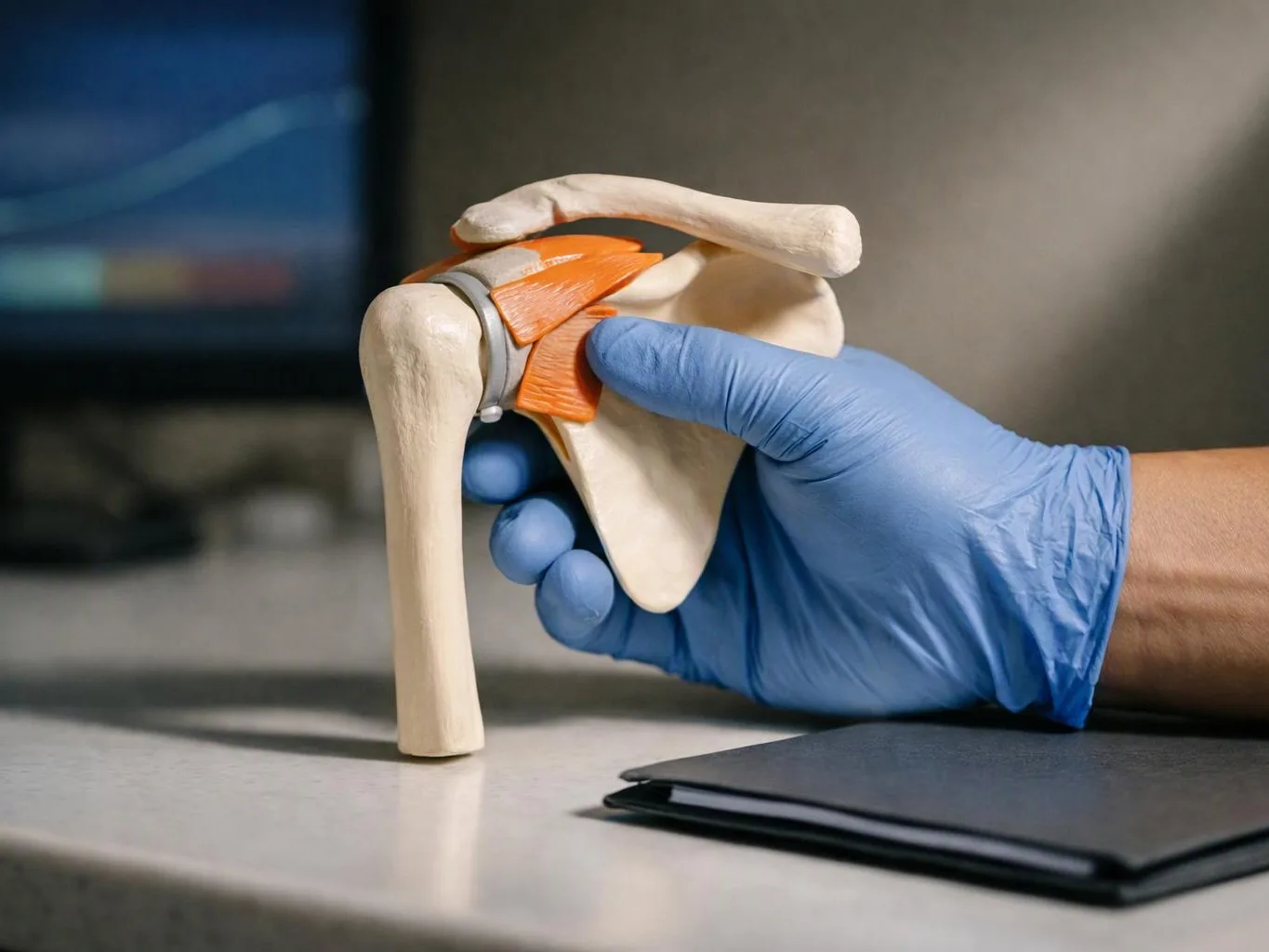 A blue-gloved hand holds a shoulder joint model on a tabletop