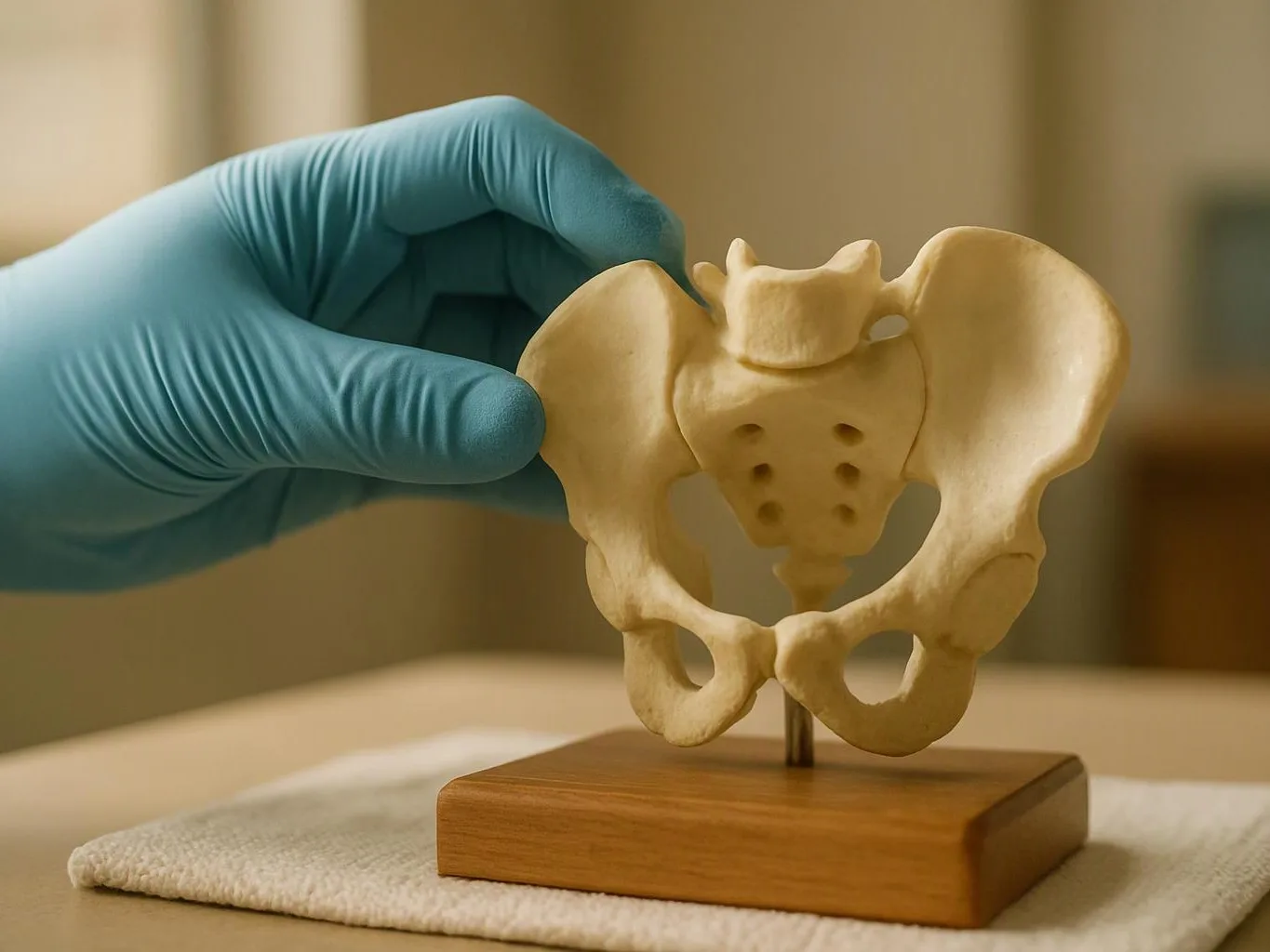 A blue-gloved hand holds a small pelvic bone model on a wooden stand in a clinical room
