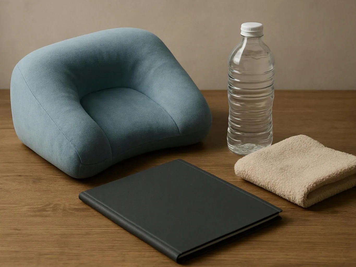 A blue neck pillow, water bottle, folded towel, and closed black notebook sit on a wooden table