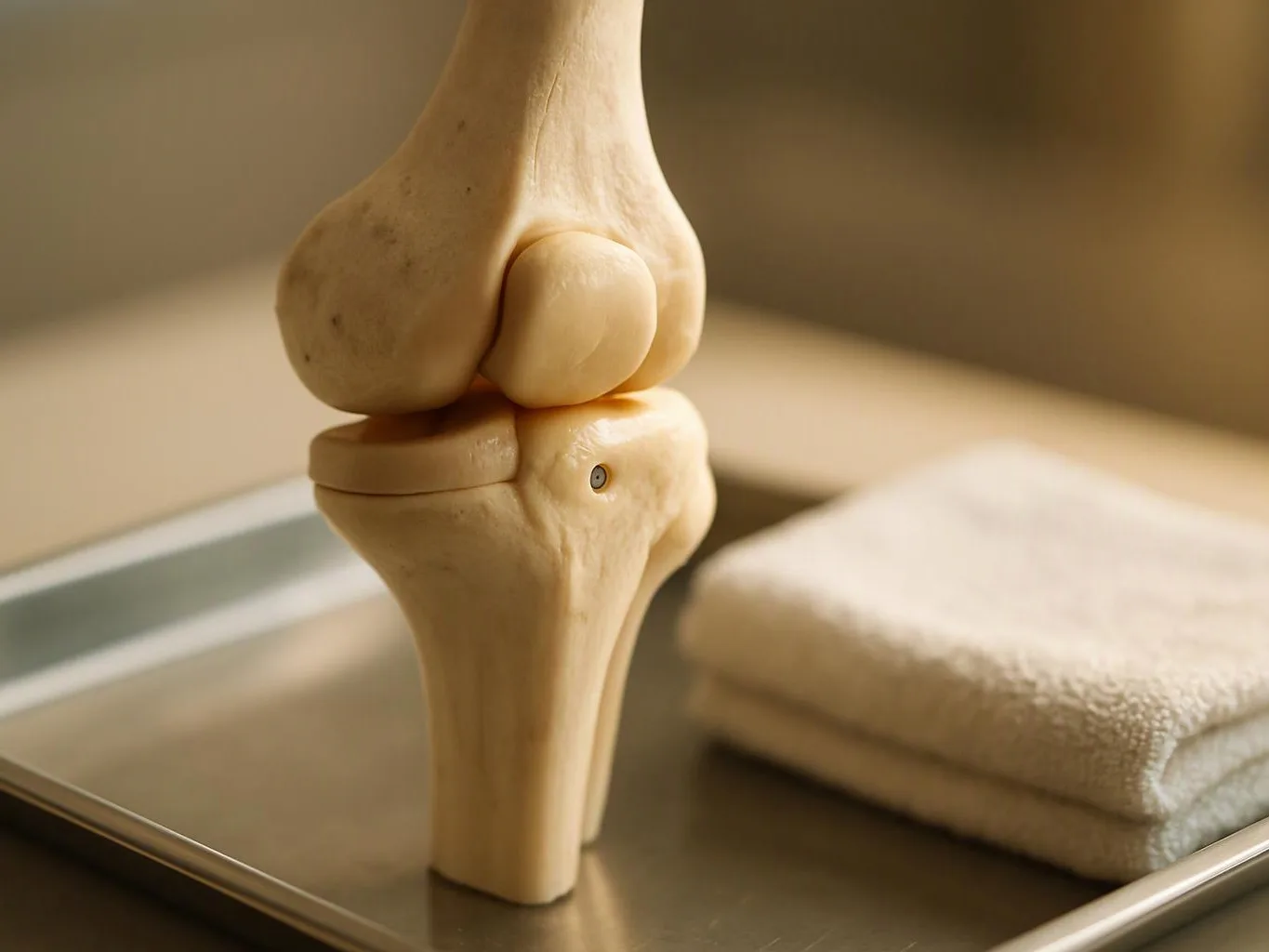 A bone knee joint model sits on a metal tray beside a folded towel
