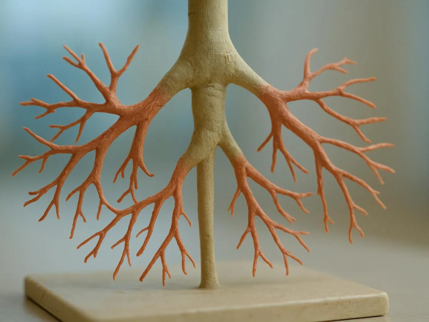 A branching anatomical model stands on a small base against a plain blurred background