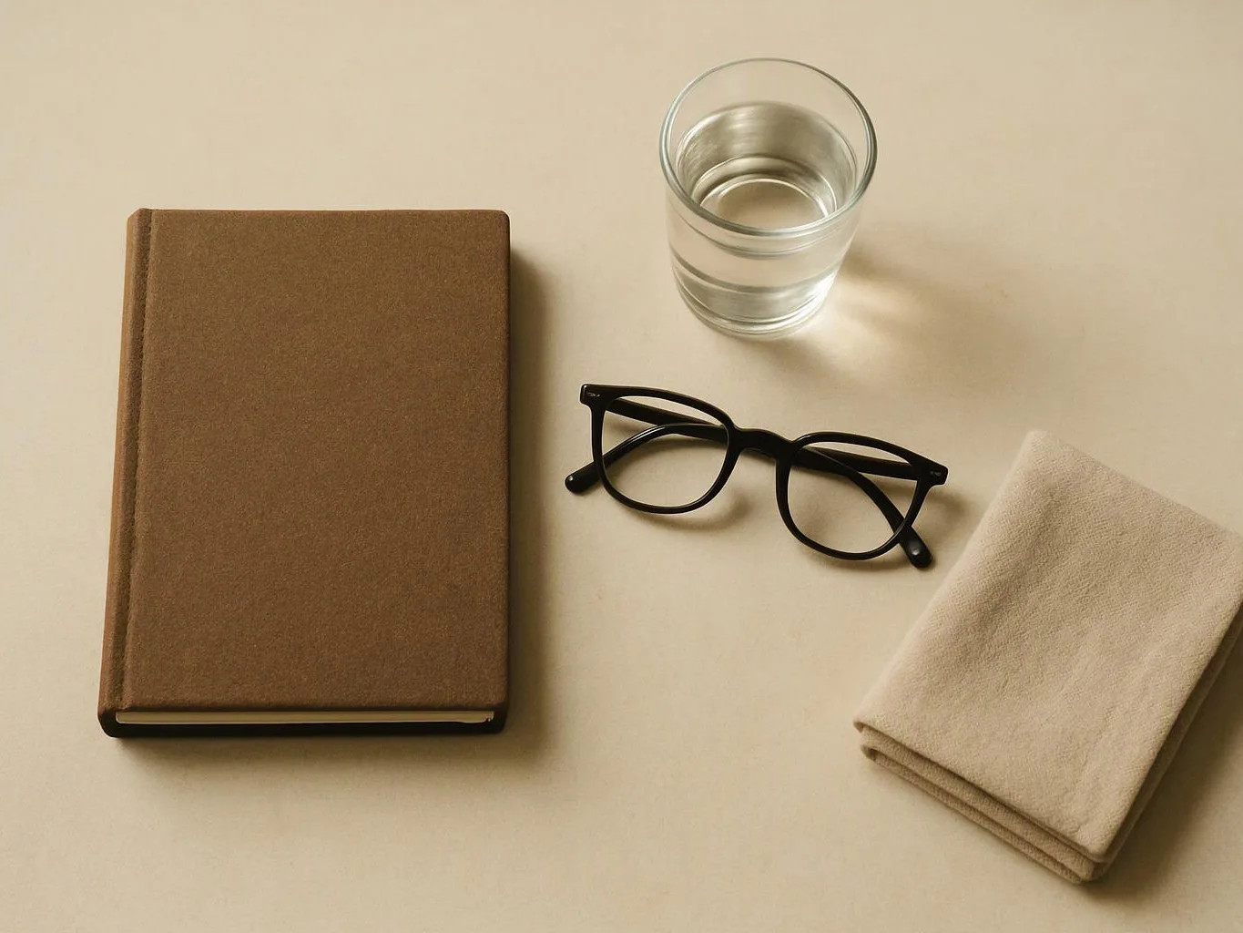 A brown notebook, black glasses, a glass of water, and a folded beige cloth rest on a plain beige surface