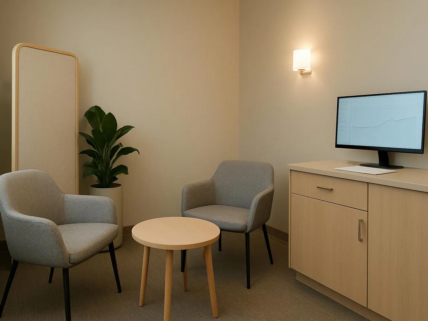 A calm beige room has two gray chairs, a small round table, a plant, and a TV on a cabinet