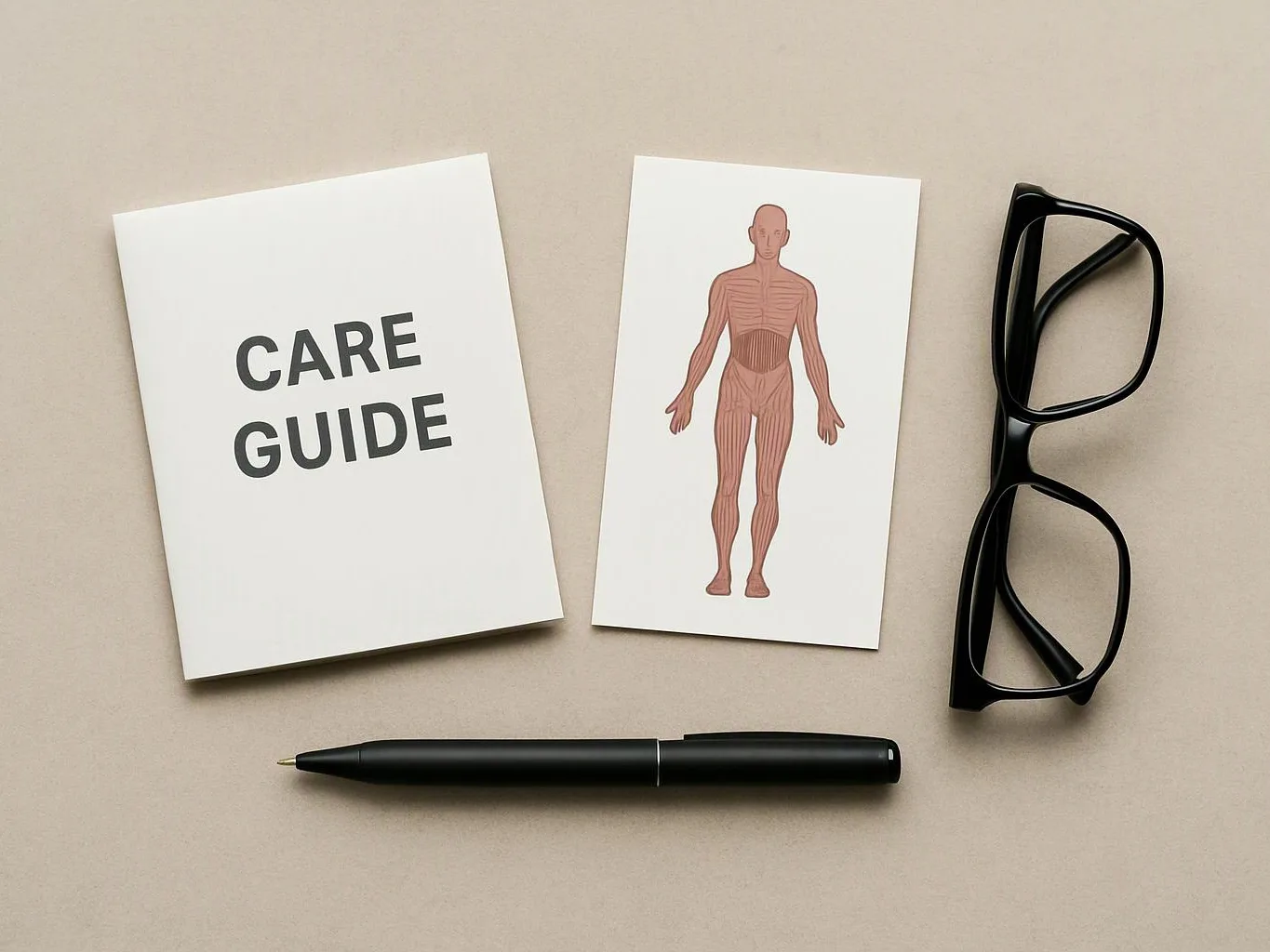 A care guide booklet, body diagram card, black glasses, and pen rest on a beige surface