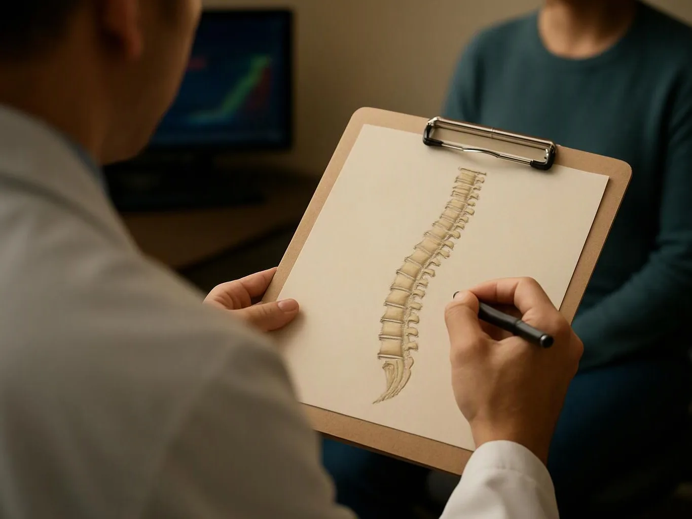 A clinician sketches a spine on a clipboard while facing a seated patient in a dim exam room