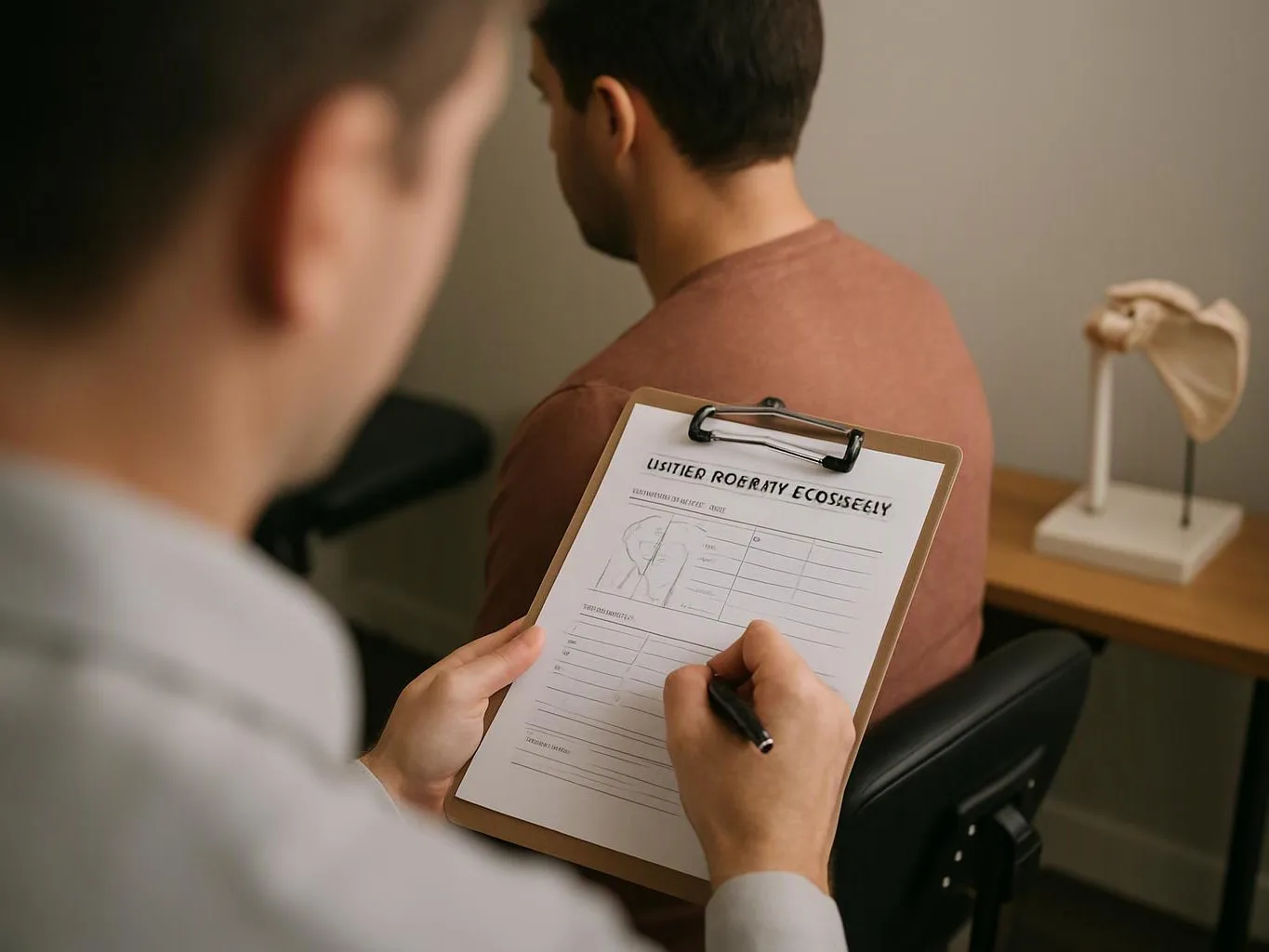 A clinician writes on a clipboard while seated across from a man in a small exam room with an ear model on a table