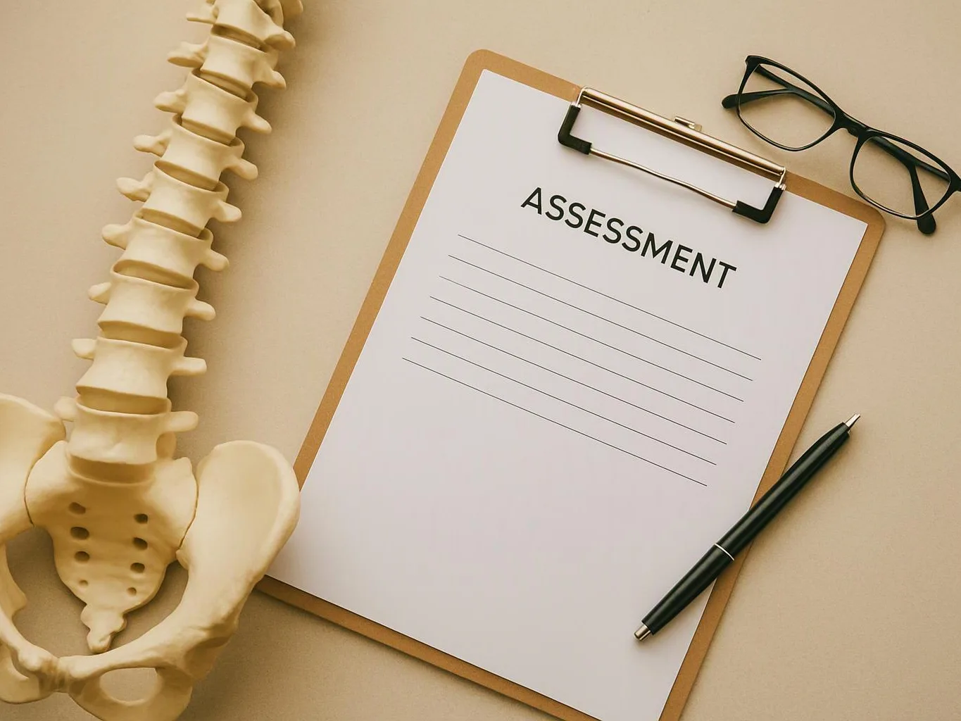 A clipboard labeled “ASSESSMENT” sits beside a spine model, glasses, and a pen on a beige desk