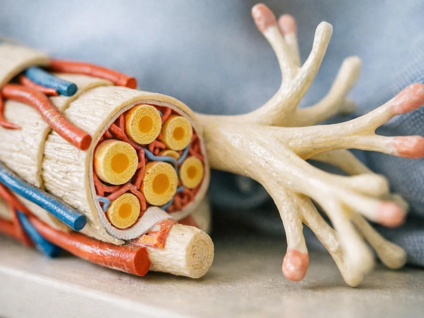 A close-up model of a cut cable shows colored wires and a branching outer sheath on a surface