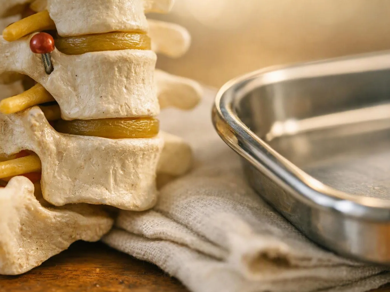 A close-up model of stacked spine bones sits beside a metal tray on folded cloth