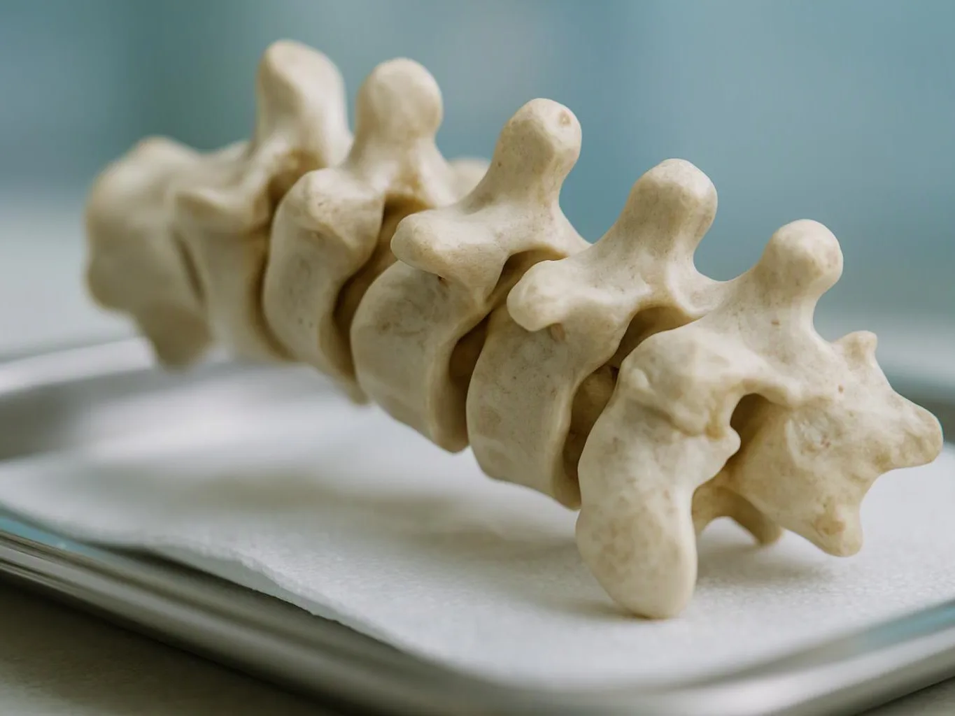 A close-up shows a spine bone model lying on a tray against a blue background