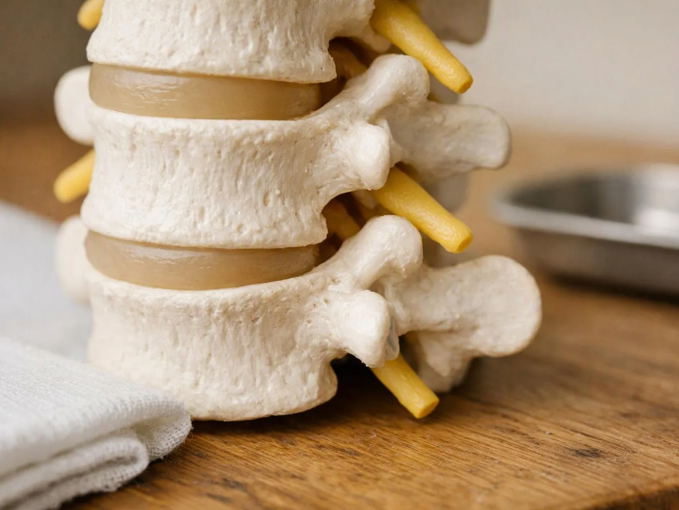 Close-up of a spinal bone model with yellow nerve roots on a wooden table