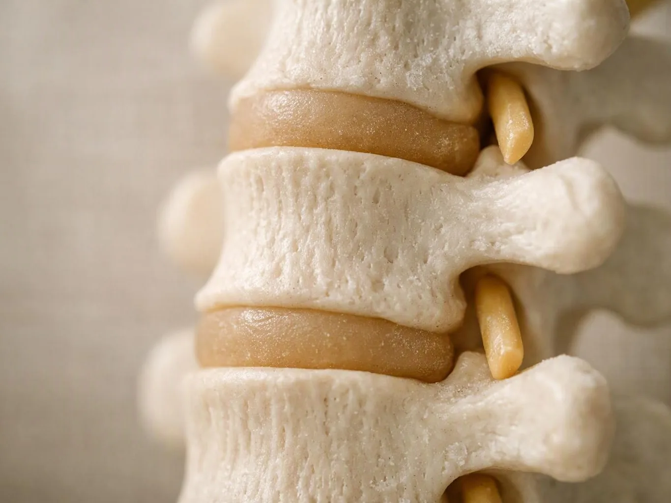 Close-up of a spinal column model showing stacked vertebrae, discs, and yellow nerve roots