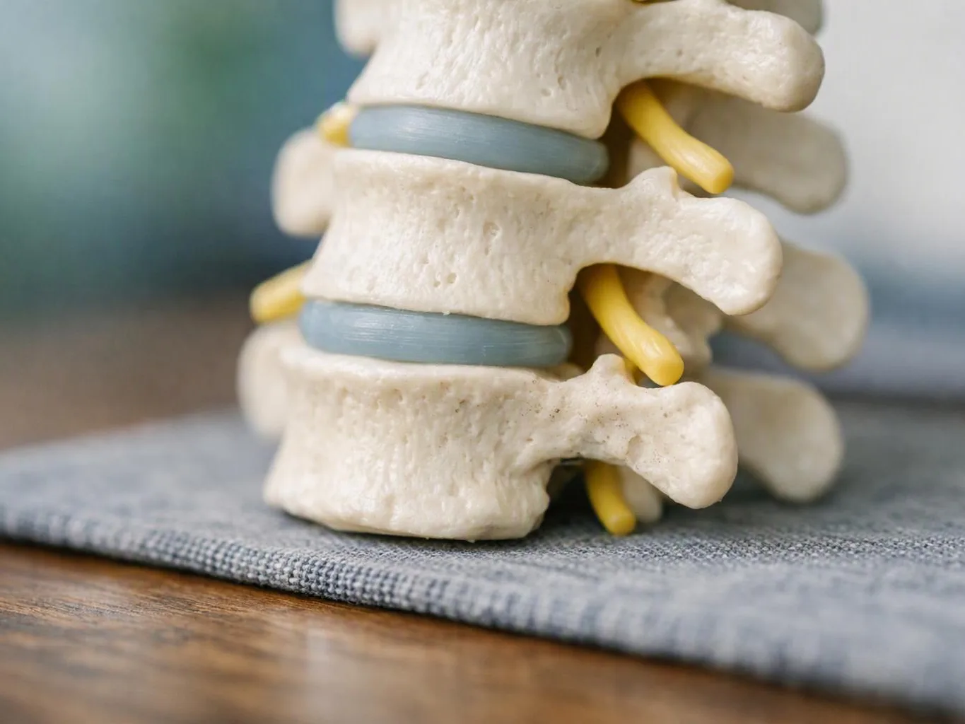 Close-up of a spine model with vertebrae, discs, and yellow nerves resting on a gray mat