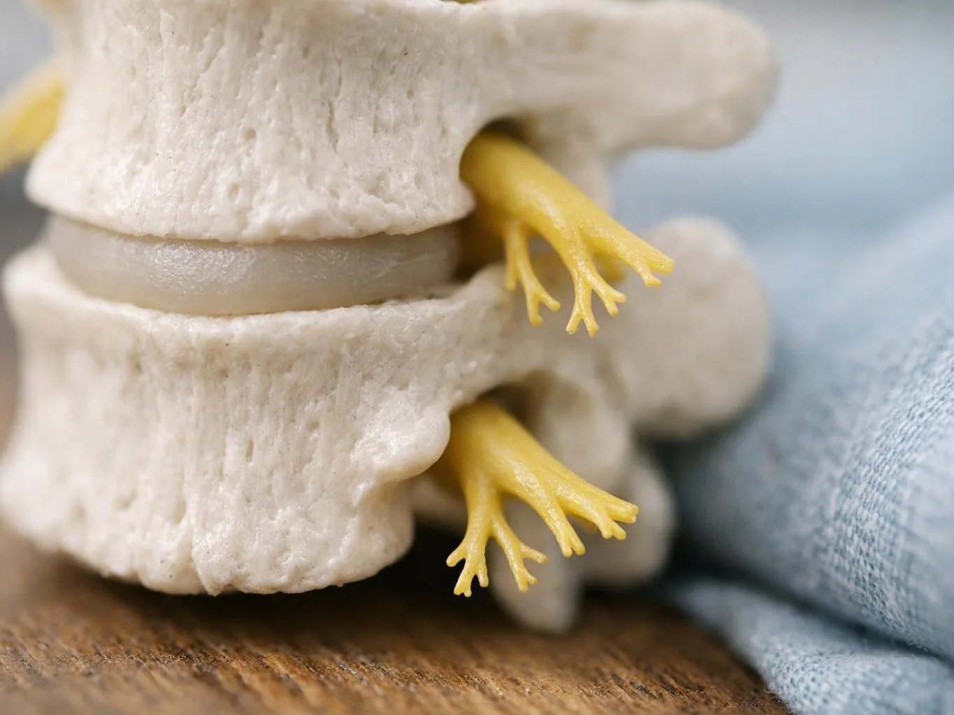 Close-up of a vertebra model showing yellow nerve roots between two bone sections on a wooden surface