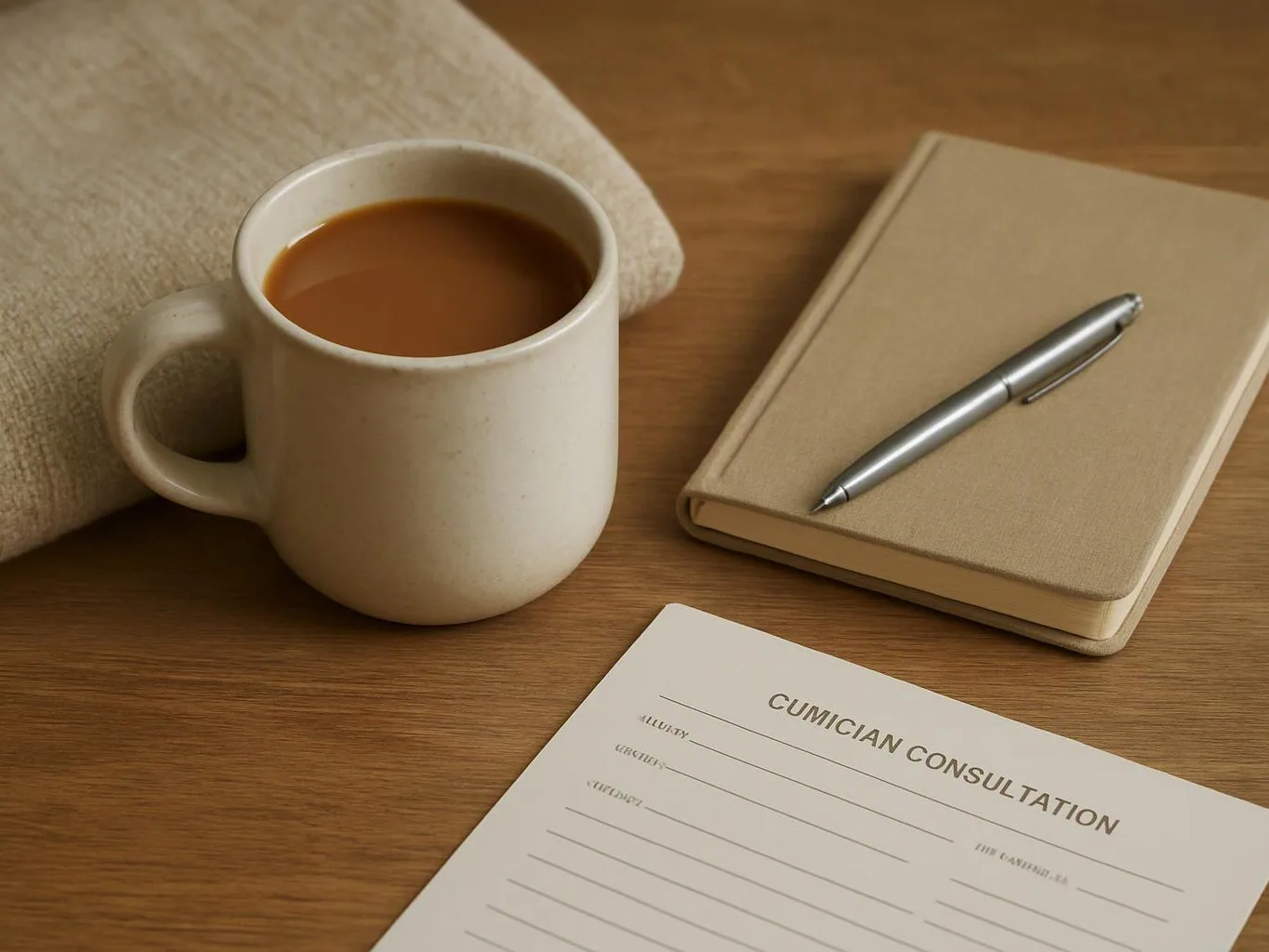 A coffee mug, notebook with pen, and consultation form rest on a wooden desk