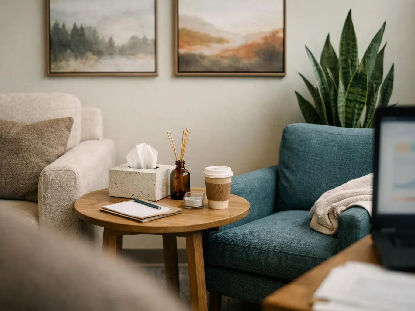 A cozy living room shows two chairs, a round table with tissues and coffee, and framed landscape art on the wall