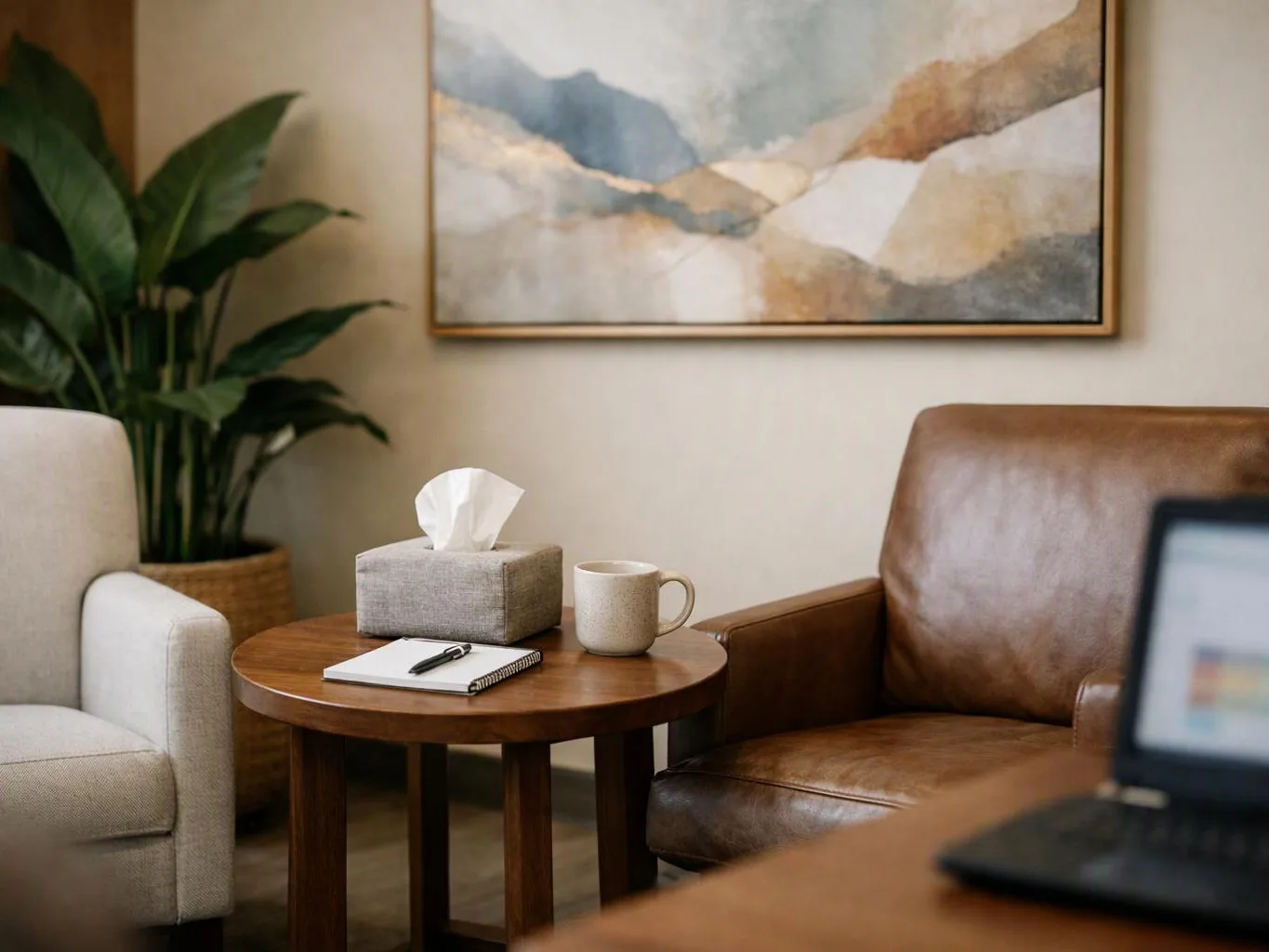 A cozy office corner shows chairs, a side table with tissues and a mug, and a wall painting