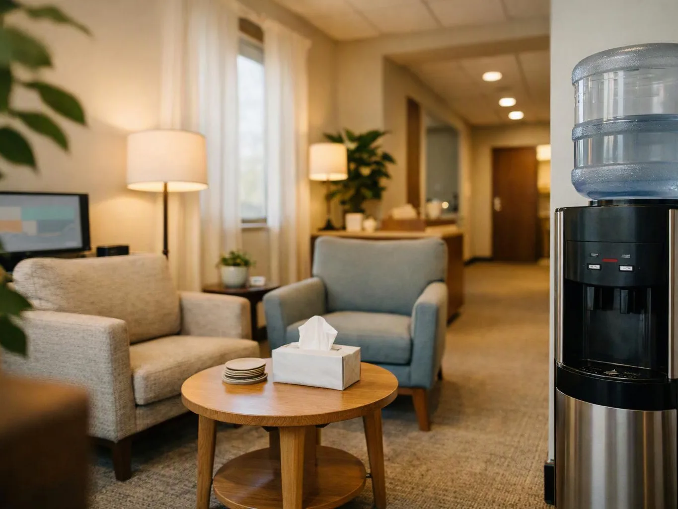 A cozy office waiting area shows armchairs, a coffee table, lamps, and a water cooler near the hall