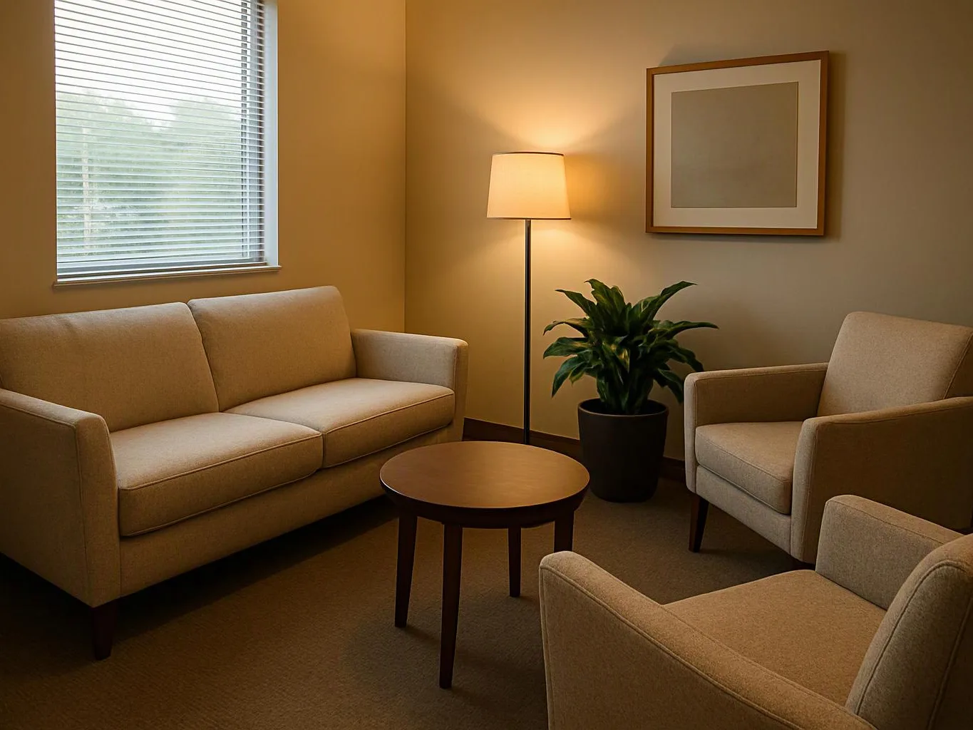 A cozy waiting room with beige chairs, a sofa, a round table, a floor lamp, a plant, and framed wall art