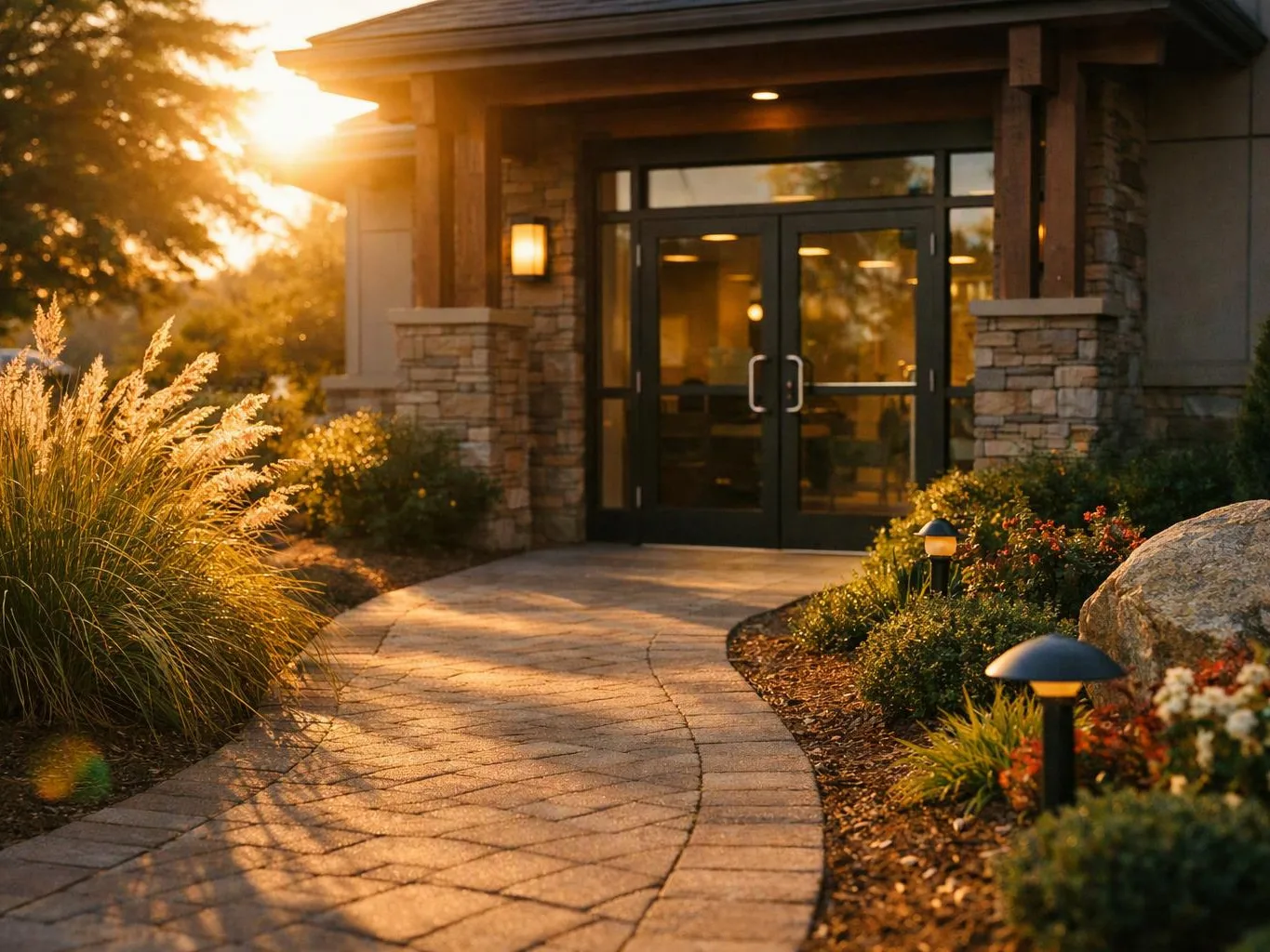 A curved stone walkway leads to glass double doors at a sunlit building entrance surrounded by landscaped plants