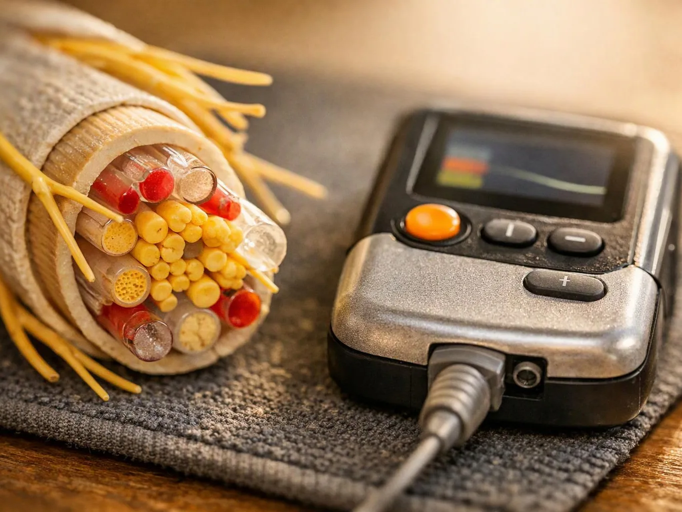 A cut cable with exposed colored wires lies beside a small handheld device on a dark mat