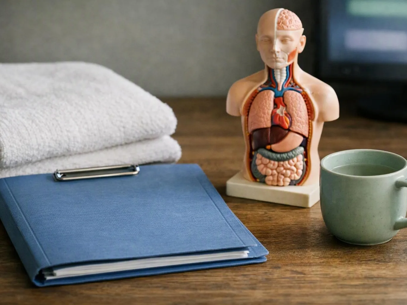 A desk holds a blue clipboard, folded white towels, a torso anatomy model, and a green mug